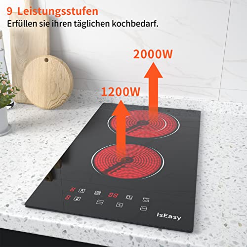 Glaskeramikkochfeld, IsEasy Doppel Vorlauf, 3200W, Kochfelder mit Doppelte Kochzonen, Stecker, Einbaus Cerankochfeld, 9 Heizstufen, Touch-Steuerung, 1-99Min Timer – Bild 3