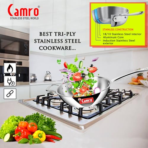 Image of Camro Triply Artisian Wok Pan 28 Cm, 5 Liters | Heavy-Duty Kadai for Noodles, Fried Rice Perfect Grip Traditional Chinese Cooking | Dishwasher Safe | 6 Years Warranty