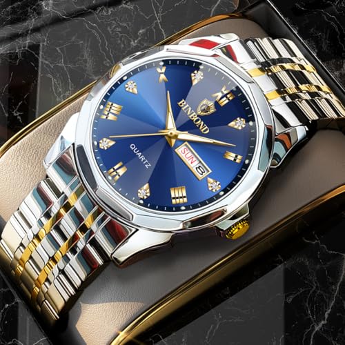 Watches for Men Luxury Diamond Business Dress Analog Quartz Stainless Steel Waterproof Luminous Date Two Tone Casual Wrist Watch3