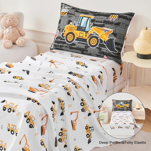 Image of PERFEMET 4 Pieces Construction Boys Toddler Bedding Set, Vehicles Cars Truck Printed Toddler Comforter Set with Sheets, Soft Reversible Excavator Grey Bed Set for Baby Boy