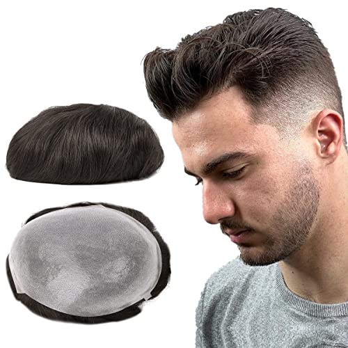 Toueki Toupee for Men Real Human Hair 8x10 Inch Dark Brown 0.06mm Thin PU Skin Hair Pieces V-looped Hairpieces Men's Replacement Hair System Mens Wigs Human Hair Natural looking