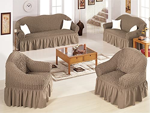 Image of House of Quirk Turkish Bubble Frill 280 GSM Sofa Slipcovers, Durable Washable Universal Single Seater High Elastic Furniture Protector (Light Brown, 90-145cm)