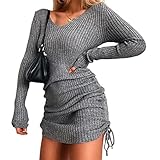  shownicer Robe Pull Femme Col V Sexy Slim Chic Bodycon Elegant en Maille Long Pullover Tricot Casual À Manche Longue Grande Taille Mini Robe Décontractée Gris M