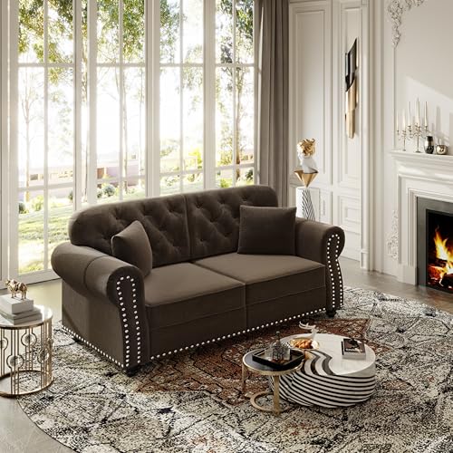 Image of KEIKI 63 inch Velvet Chesterfield Sofa with Rolled Arms & Nailhead Trim, Modern Upholstered 2-Seater Button Tufted Couch with High Resilience Cushion & 2 Pillow, Easy Assembly, for Living Room, Brown