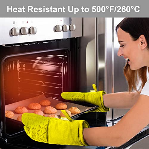 Image of KEGOUU Oven Mitts and Pot Holders 6pcs Set, Kitchen Oven Glove High Heat Resistant 500 Degree Extra Long Oven Mitts and Potholder with Non-Slip Silicone Surface for Cooking (Yellow)