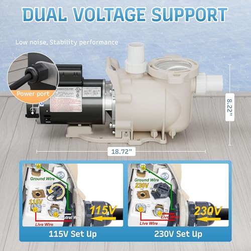 Image of 1HP Pool Pump, 115 /208-230V Pool Pump Inground, 5785GPH, In /Above Ground Pool Pumps, Low Nosie, Powerful Self Primming Swimming Pool Pump with 2 inch /1.5 inch Fittings - 2 Year Warranty