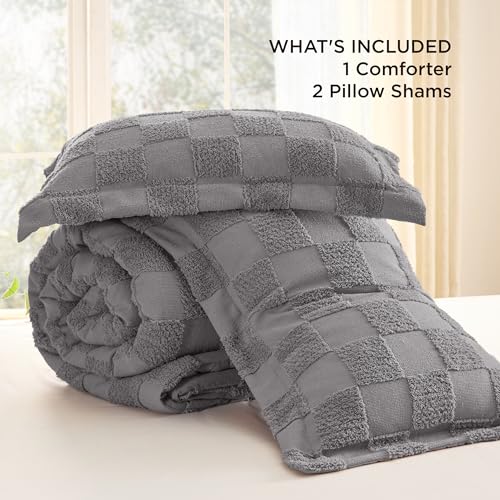 Image of Bedsure Grey King Size Comforter Set, Boho Tufted Bed Set, Checkered Farmhouse-Style Distressed Vintage Bedding, 3 Pieces, 1 Plaid Geometric Comforter and 2 Pillow Shams