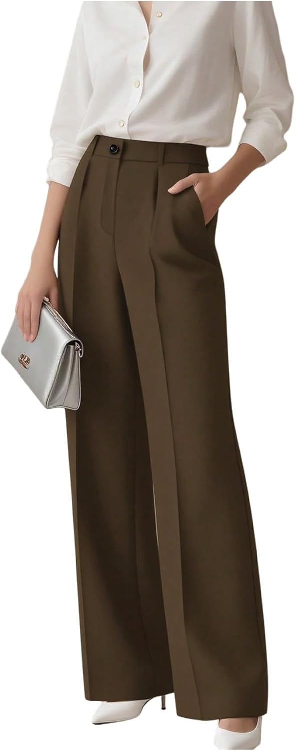 GORGLITTER Women's Pleated High Waisted Dress Pants Trousers Dressy Wide Leg Straight Business Casual Work Slacks Pants