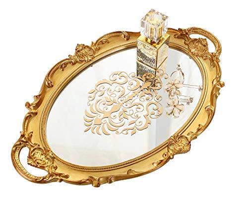 Zosenley Decorative Mirror Tray, Floral Vanity Organizer for Makeup, Jewelry, Perfume and Decor, Vintage Oval Display and Serving Tray for Dresser, Counter and Coffee Table, Gold