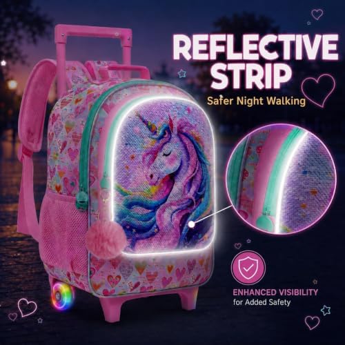 Image of CCJPX 3Pcs Unicorn Rolling Backpack for Girls, 18 inch Kids Glow Wheels Bookbag with Lunch Box, Lightweight Roller School Bag for Elementary Preschool (Pink)