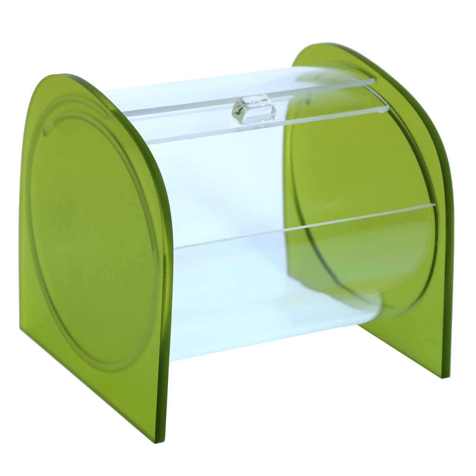 Portacaramelle confezionate sezione circolare in plexiglass trasparente e con pannelli laterali in plexiglass satinato VERDE - Misure totali: L 15 x P 14 x H 14 cm