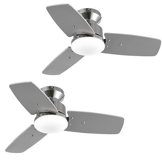 30 Inch Ceiling Fans with Lights and Remote, Bedroom Living Room Office, Flush Mount, 3CCT Dimmable, Dual Color 3 Blades 6 Speed Reversible Quiet DC Motor, Chrome-Plated/Wood Grain, 2 Pack