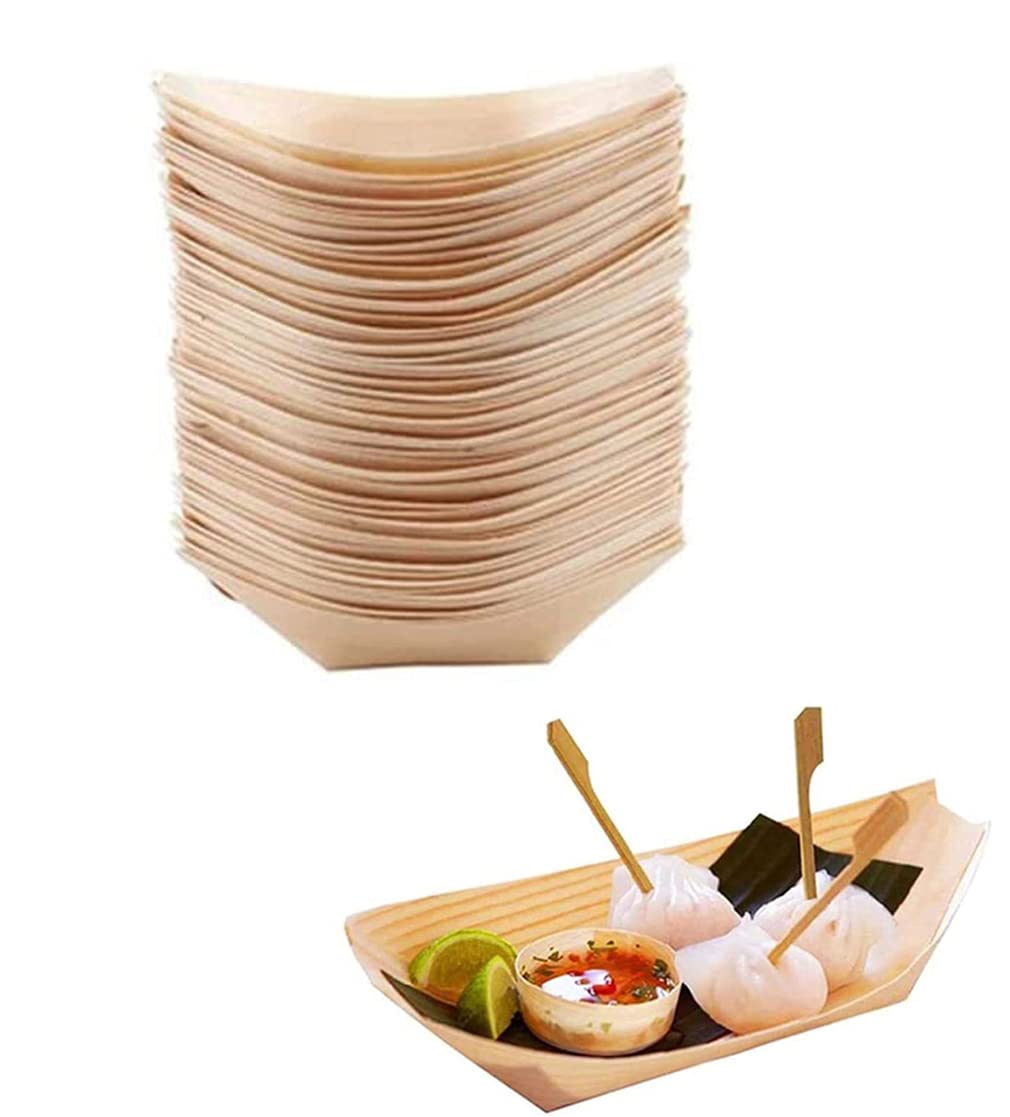 KASTWAVE 50 pcs Disposable Wood Boat Dishes Plates Wooden Snack Bowls Food Serving Tray Japanese Sashimi Sushi Boat Light Brown for Party Foods, Snacks, Canap, 3 Inches