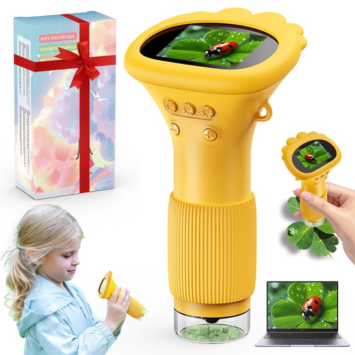 Microscopio móvil Lemoni Explorer para niños, pantalla IPS de 2.0 pulgadas, USB, luces LED, conexión a PC, 1000X, portátil, de bolsillo, para exteriores, a partir de 3 años, regalo educativo (naranja)