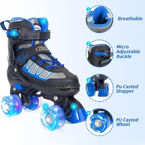 Image of Nattork Children's Roller Skates for Boys, Blue Adjustable Roller Skates for Toddlers Aged 4, 5, 6 and 7 Years for Beginners in Outdoor Sports, Best Birthday Gift for Children