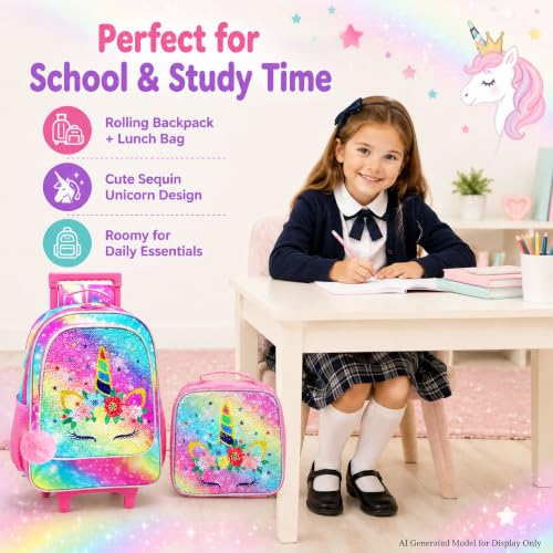 Image of CCJPX 3PCS Kids Rolling Backpack for Girls, Unicorn Sequin Roller Wheeled Bookbag Toddler Elementary School Bag with Wheels