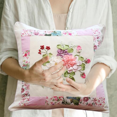 Image of FONNUY Ribbon Pillow Case Embroidery Kit, Throw Pillow Cover, 3D Pre-Stamped Pattern Kits for Audlt Beginners, Blooming Flowers, 18 x 18'' (Pink)