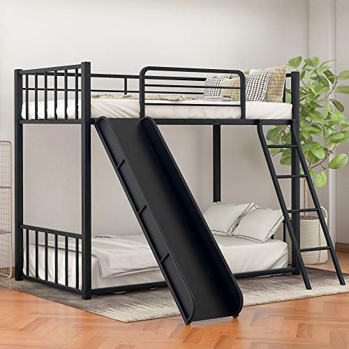 YSKWA Metal bunk Bed with Slide, Twin Over Twin, Black