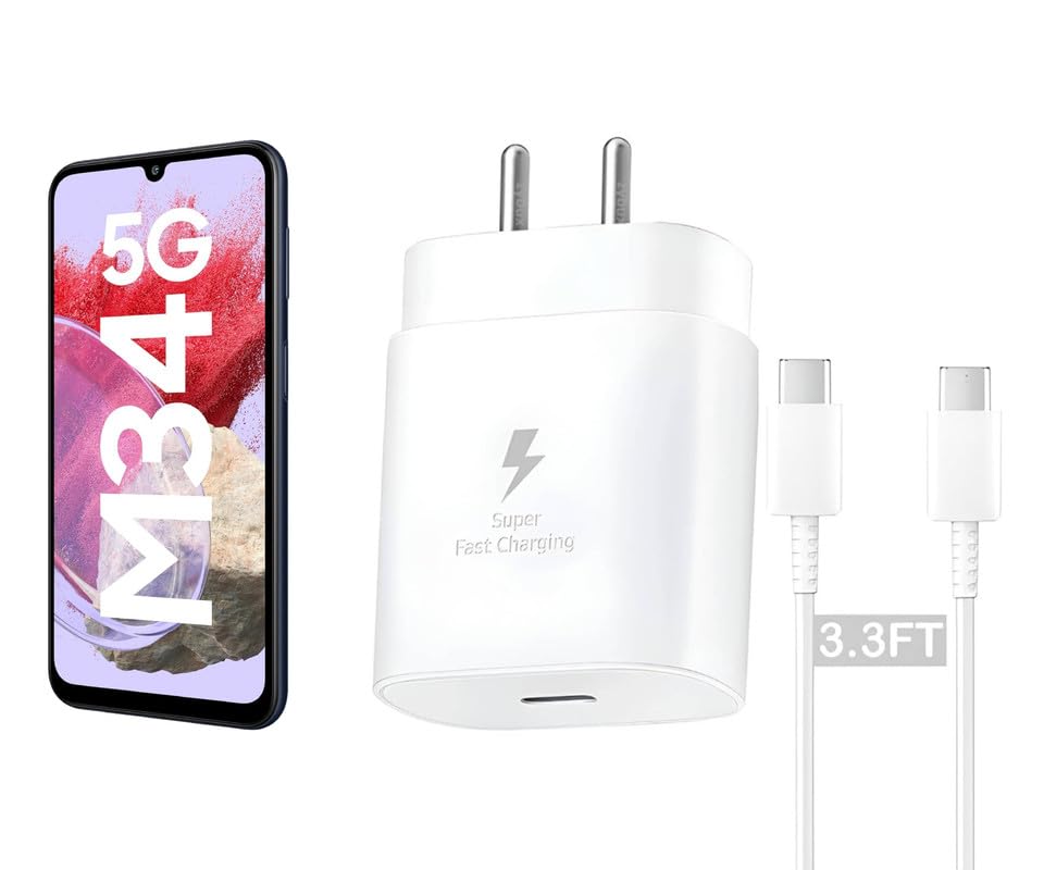 Image of Samsung 25W Type C Charger for Galaxy M34 5G | USB C to C Port Super Fast Charging Adapter for Galaxy Tab S9 Ultra /S9 Fe /S9 plus /S9 /A9 /A9 Plus /S8, 25 w Quick Mobile Phone Adaptor USB-C Device, White