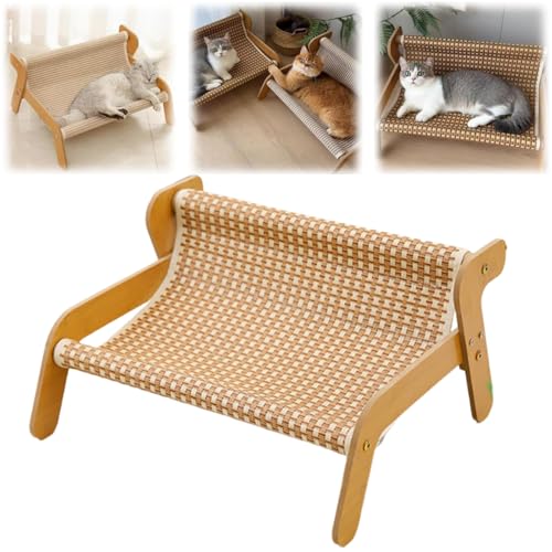 猫ベッド ハンモック 夏用 ペットベッド 通気性 爪とぎ対応 猫の爪研ぎ 丈夫な木製フレーム 猫ラウンジチェア 藤素材 麻布2種 涼しいソファ 取り付け簡単 室内 戸外 休憩所 オールシーズン適用 (マットスタイル)