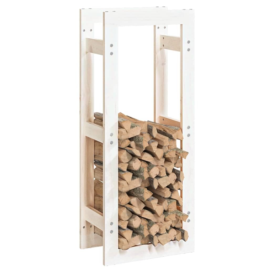 Kaminholzregal Weiß 41x25x100 cm aus Kiefernholz, Brennholzregal für Innen und Außen, Holzstapelhilfe für Kamin und Ofen, Platzsparendes Kaminzubehör