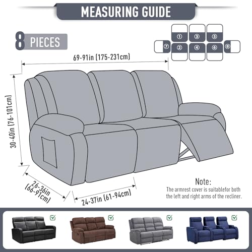 Image of TAOCOCO Recliner Sofa Covers 8-Pieces Stretch Large Couch Covers for 3 Seats Reclining Slipcovers Soft Jacquard Pattern Furniture Protector (Grey)