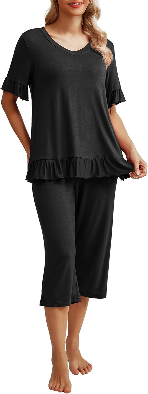 PrinStory Pigiama Donna Scollo a V Pigiama Manica Corta Top E Pantaloni Lunghi 3/4