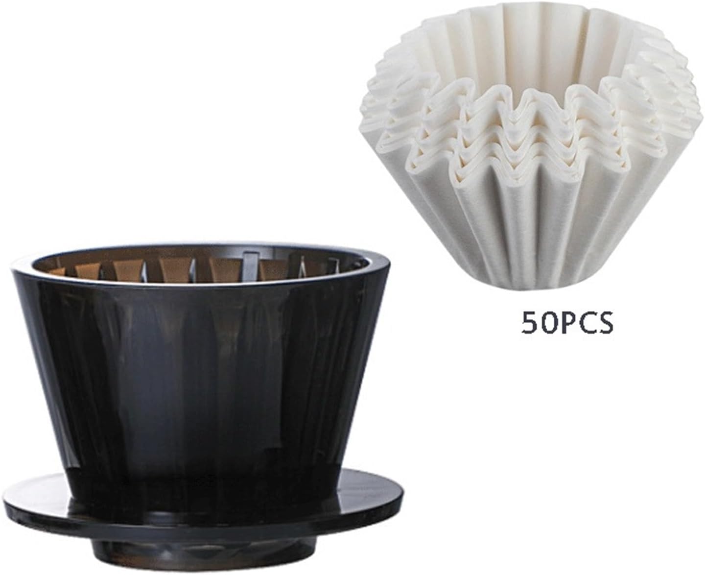 Wave Coffee Dripper 1-2Cups Crystal Eye Pour Over With Filter Papers 50 Sheets Set(Black SET)