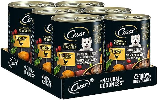 Cesar Adult Hundenassfutter Natural Goodness, 6 Dosen, 6x400g – Ausgewogenes Premium Hundefutter nass, reich an Huhn, mit natürlichen Zutaten hergestellt
