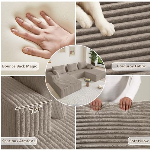 Image of 107 inch Modular Sectional Sleeper Sofa, Boneless Cloud Couch for Living Room, U Shaped 3 Seat Sofa with Deep Seat, Free Combination, Couch in a Box, No Assembly Required (Camel)