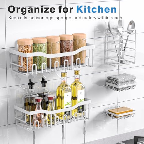 Image of Shower Caddy 5 Pack,Adhesive Shower Organizer for Bathroom Storage&Home Decor&Kitchen,No Drilling,Large Capacity,Rustproof Stainless Steel Bathroom Organizer,Shower Shelves for Inside Shower-Larger