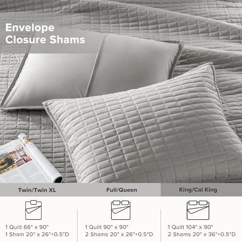 Comfort Spaces - CS14-0060 Kienna Quilt Coverlet Bedspread Ultra Soft Hypoallergenic All Season Lightweight Filling Stitched Bedding Set, King 104"x90", Gray 2 Piece