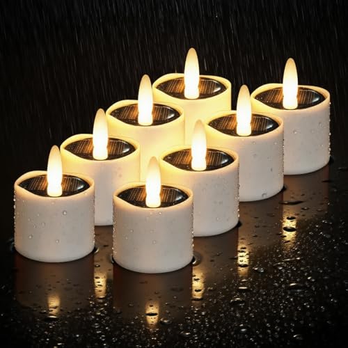 Image of HL Solar Tea Lights Outdoor Waterproof, 8PCS 2.4''x2'' Flickering Flameless Candles, Dusk to Dawn Rechargeable Battery LED Tea Lights for Lantern, Garden, Camping, Home Decor (Warm White)
