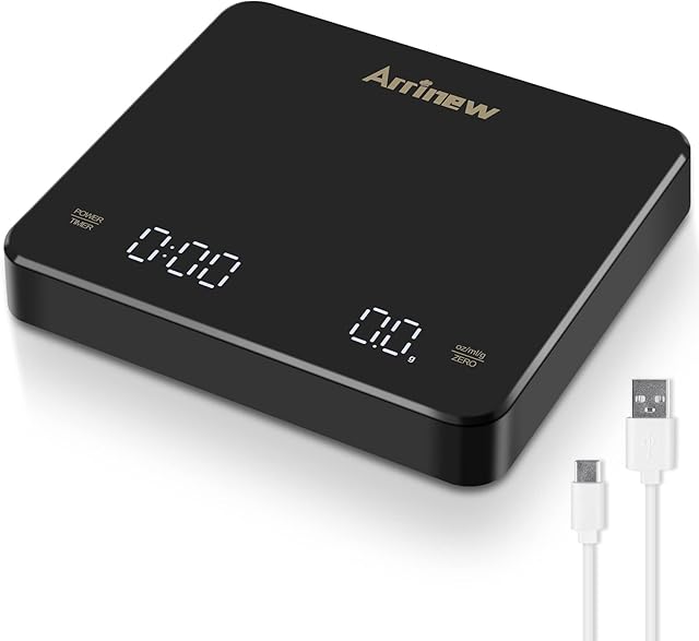 Arrinew Mini Coffee Scale with Timer, Rechargeable Espresso Scale 3kg/0.1g High Precision, Small Digital Scale for Drip Tray, Electric Kitchen Food Scale with LED Screen (g/oz /ml)