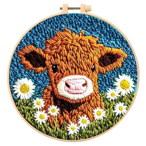 Image of PATPAT20cm DIY Tufting Craft Kit with Bamboo Embroidery Hoop, Pre-Printed Highland Cow Pattern, Yarn Set & Tufting Tools, Beginner Punch Needle Wall Art Kit for Plush 3D Home Decor, Gifts