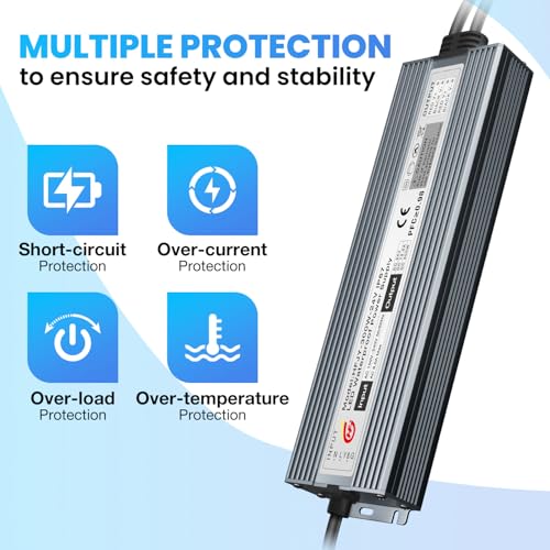 Image of LED Driver 300W Waterproof Power Supply IP67 Transformer, Adapter Converter AC 100V-265V AC to 24V DC 12.5A Low Voltage Output with 3-Prong Plug for LED Light, Computer Project, Outdoor Use