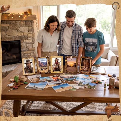 Image of AmazingSpark 50 Pack Western Cowboy Paper Photo Frames, Wanted Party Picture Frames, Wild West Photo Booth Table Decor, 5 Designs for Cowboy Rodeo Western Theme Party Decorations