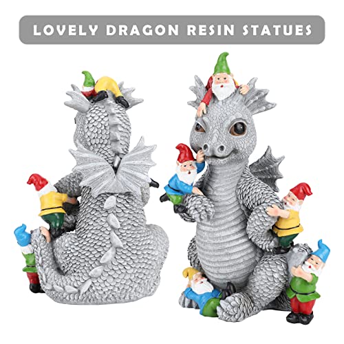 Dragon Gnome Statues Outdoor Decor, 13” Dragon Play With Gnomes Garden Statue, Outdoor Statue For All Season Lawn Decor, Garden Decoration, Gardening Gift #TOP3