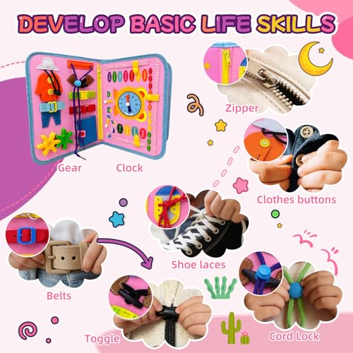Image of Montessori Busy Board for Toddlers, 8 Pages 30+ Activities Sensory Toy, Toddler Learning Toys, Fine Motor Skills Travel Toy, Preschool Educational Quiet Book Gift for Boys Girls, Pink Mermaid