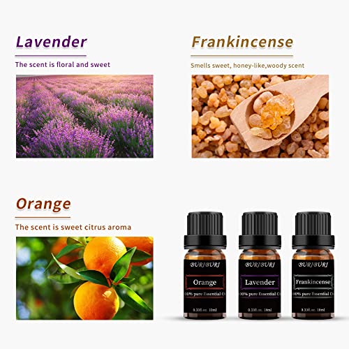 Buriburi Lavender, Frankincense And Orange Essential Oil Set, 100% Pure 3Pcs Essential Oils Gift Set For Diffusers #TOP1