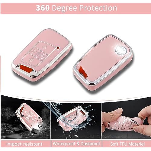 Image of Pangpai Pink Key Fob Cover for VW Volkswagen, Soft TPU Key Case Protection with Bling Keychain Fit for Tiguan Atlas Jetta Passat Golf Alltrack Smart Key