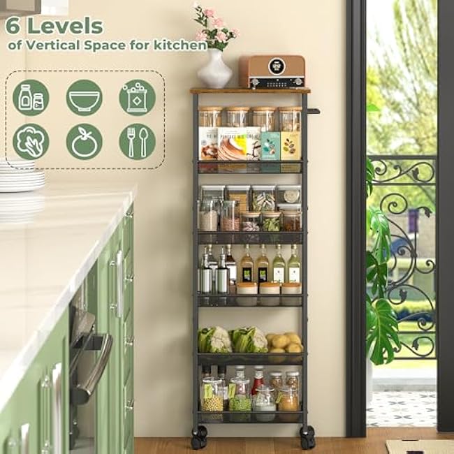 6 Tier Slim Storage Cart with Handle, Rolling Kitchen Laundry Room Storage Cart with Wooden Top, Narrow Metal Bathroom Trolley on Wheels for Small Space, Mobile Shelving Unit, 7.9in(W)-t2L9Zi34