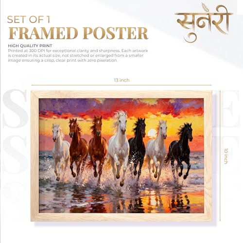 Image of Suneree 7 Horse Painting Vastu for Home - Running Horses Wall Art Framed Landscape | Seven Horses Wall Painting for Living Room Decor (Natural, Design 01, 10x13 Inch)