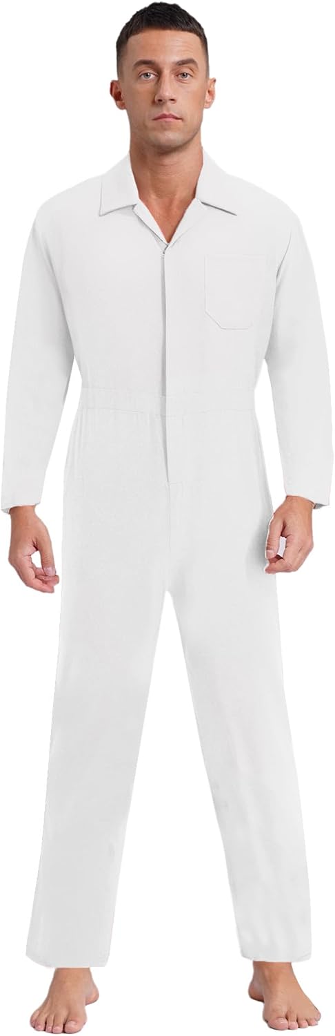 Alvivi Mens Solid Color Coverall Long Sleeve Turndown Collar Zipper Closure Front Style Jumpsuit