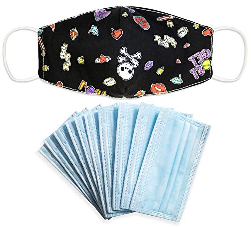 SH M188 Masque de bouche et de nez en coton 2 couches avec 10 filtres 3 couches lavables à 60 °C, Tête de mort love.