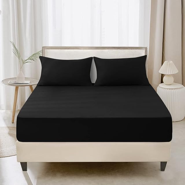 Aisbo King Size Fitted Sheet Black - Extra Deep Pocket Bed Sheet 16 inch 40 cm - Microfiber Bottom Sheet, 150x200cm