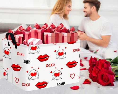 Image of Valentines Day Basket Large Foldable Heart Shaped Storage Box for Gifts Kids Empty Storage Bins Rectangular Toy Organizer Decor (Mouth Envelope Love)