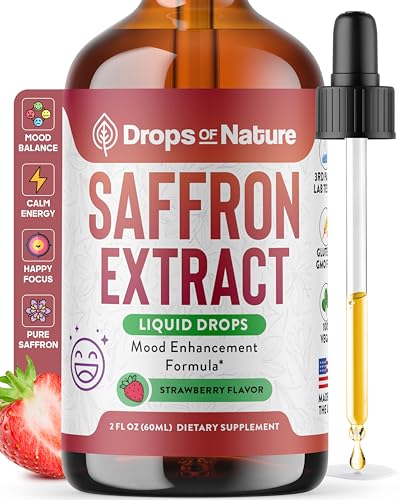 Saffron Supplements – Vegan, Fast Absorption Liquid Drops – Made with Pure Saffron Extract – Mix with Drinks Daily – Supports Eye Health, Emotional Balance & Antioxidant Level Boost (Strawberry, 60mL)