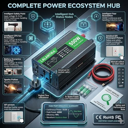 Image of 500W Power Inverter | 12V DC to 220V AC Modified Sine Wave Converter with USB Port | Portable Inverter for Car, RV, Camping, Travel & Outdoor Use