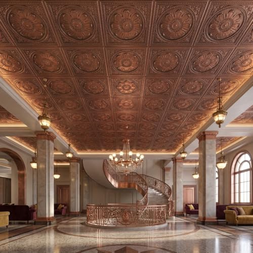 Image of Kayra Decor PVC Ceiling Panel 2x2 Feet (60x60 cm) - Regal Ornate Design, Red Copper | Pack of 25 3D Decorative Ceiling & Wall Panels | Waterproof Home Interior Decor